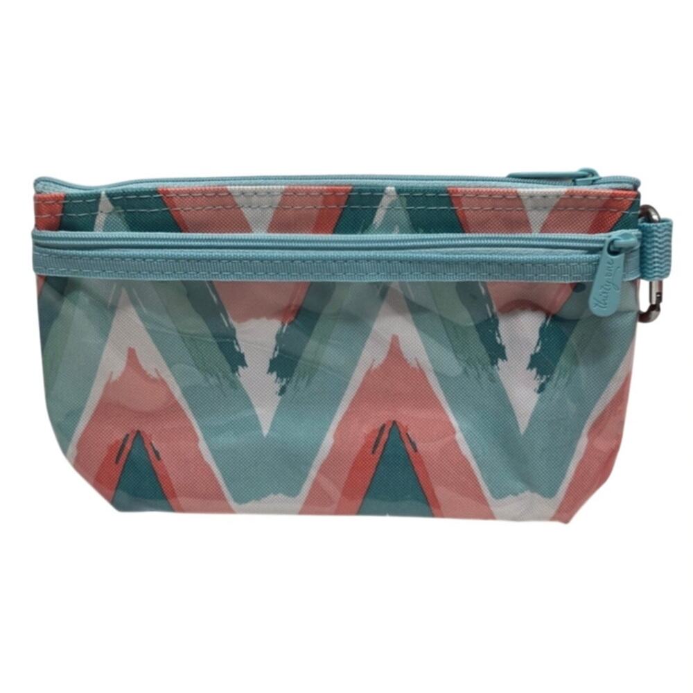 Thirty-One AJ20 Blue Orange Printed Peaks Clear Clip Pouch Dual Zip Cosmetic Bag